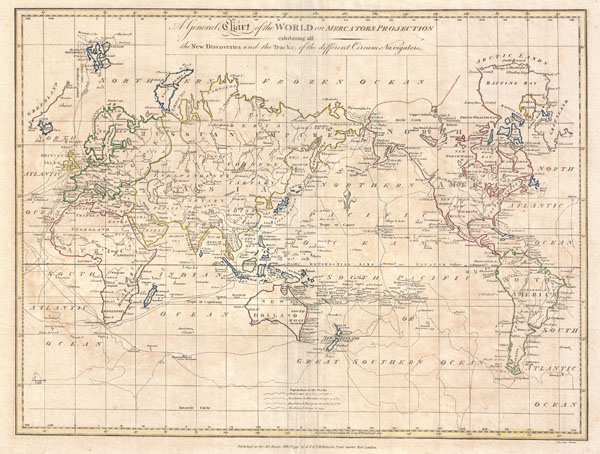 A General Chart of the World on Mercators Projection exhibiting all the New Discoveries and the Tracks of  the Different Circum Navigators. - Main View