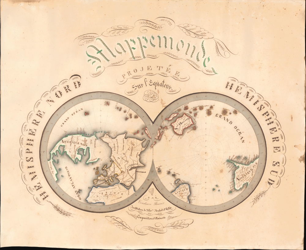 Mappemonde projetée sur l'Equateur. Hemisphere Nord. Hemisphere Sud. - Main View