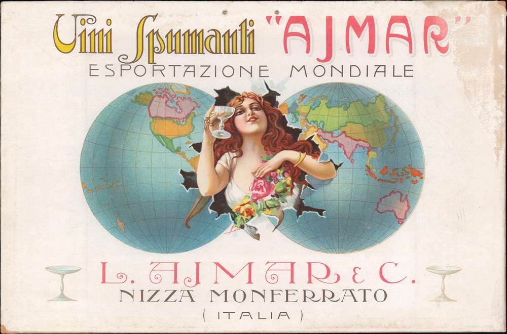 1910 Vini Spumanti Ajmar Art Nouveau World Map Wine Advertising Broadside