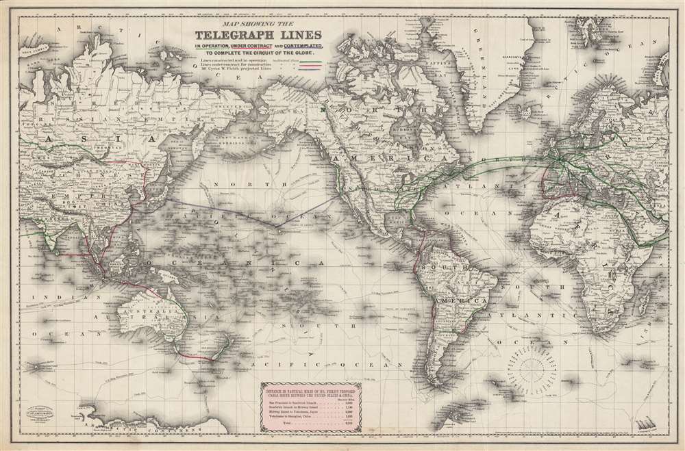 Map showing the telegraph lines in operation, under contract, and contemplated, to complete the circuit of the globe. - Main View
