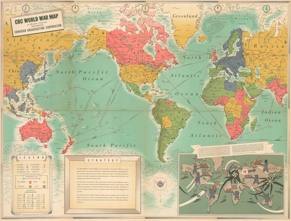 1942 CBC Pictorial Wall Map of the World, World War II