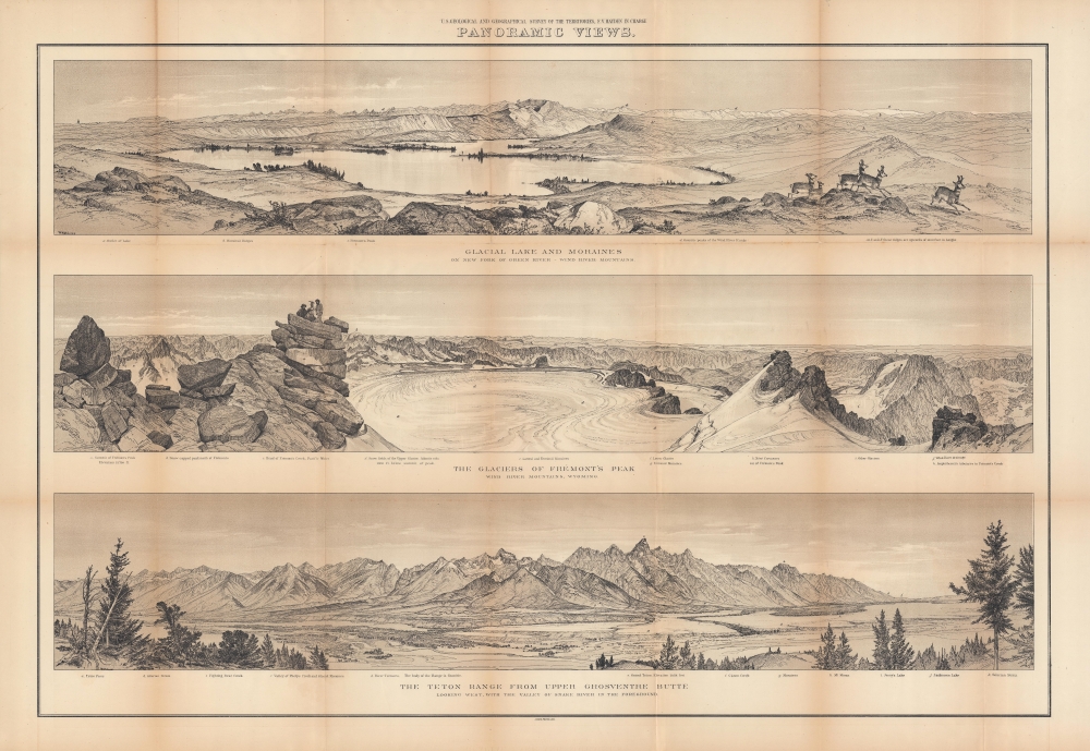 Panoramic views : Glacial lake and moraines on New Fork of Green River - Wind River Mountains ; the glaciers of Fremont's Peak, Wind River Mountains, Wyoming ; the Teton Range from upper Grosventre Butte looking west, with the valley of Snake River in the foreground. - Main View