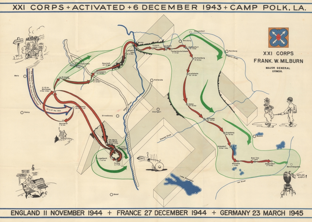 XXI Corps. Activated 6 December 1943 Camp Polk, LA. England 11 November 1944. France 27 December 1944. Germany 23 March 1945. - Main View