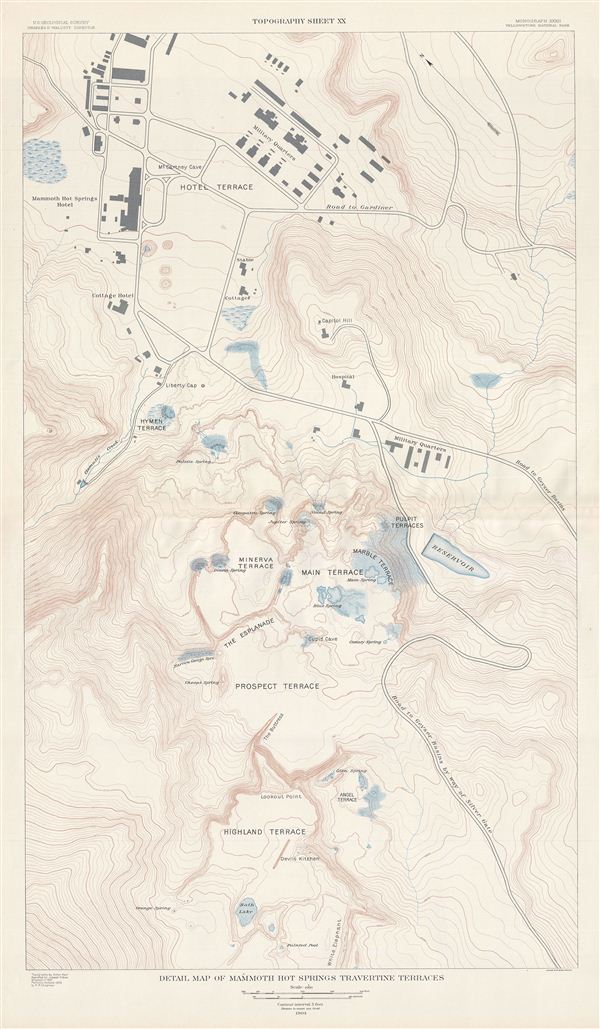 Detail Map of Mammoth Hot Springs Travertine Terraces.  Topography Sheet XX. - Main View