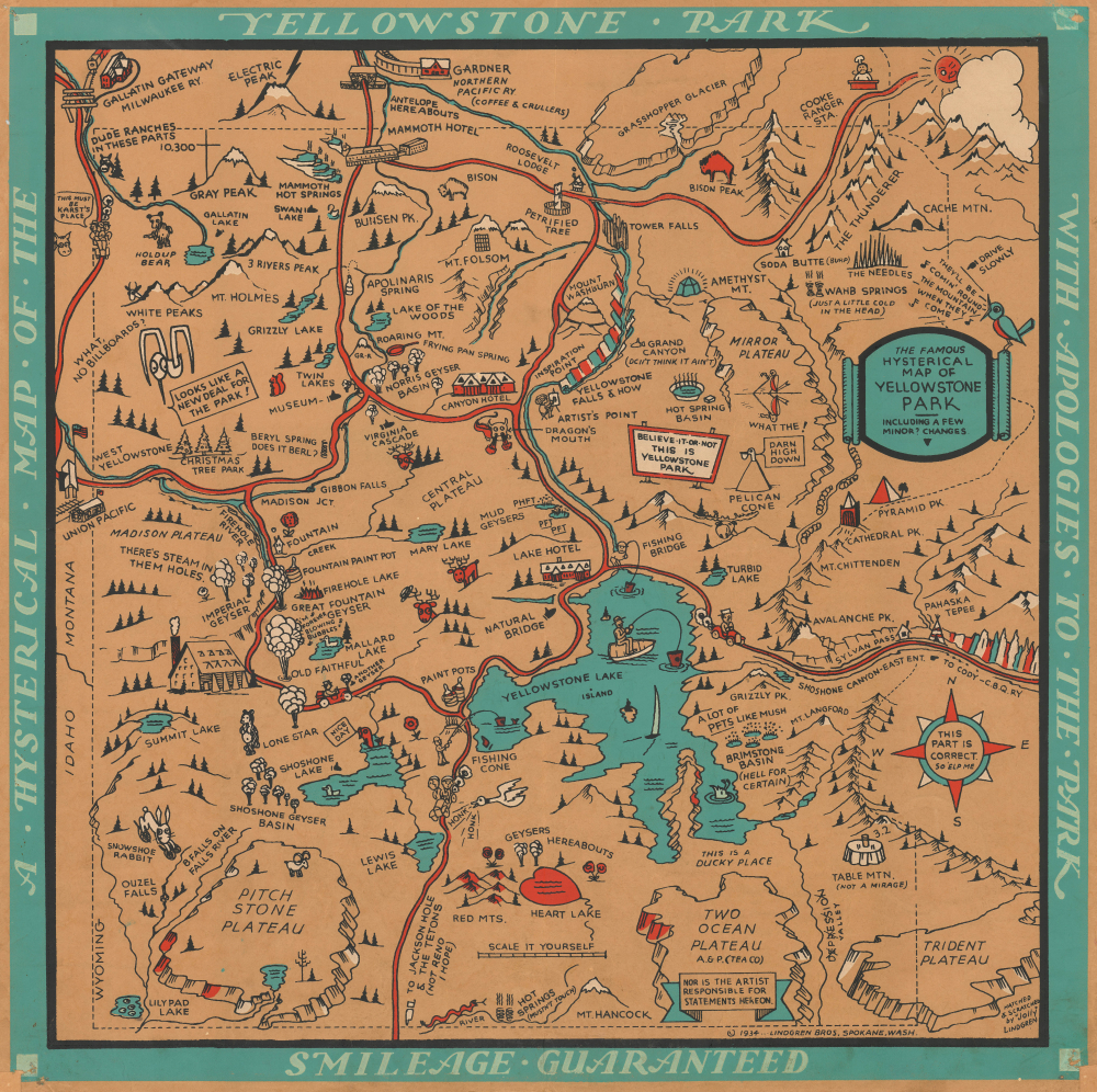 1934 Jolly Lindgren Humerous Pictorial Map of Yellowstone Park, First Edition