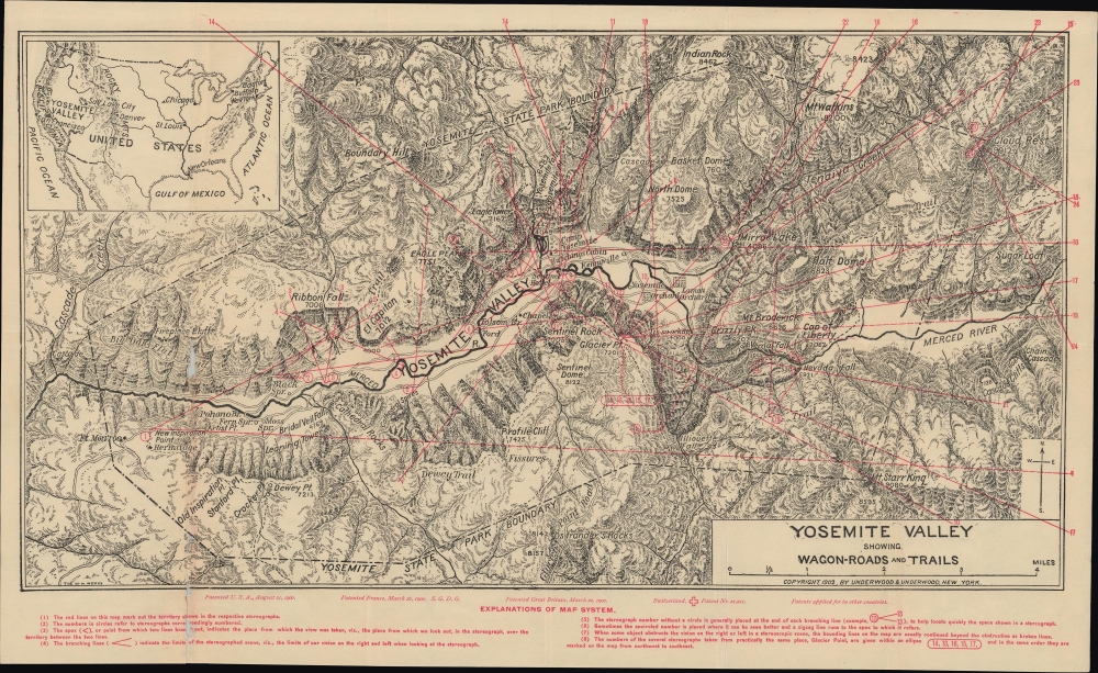 1902 Underwood and Underwood Map of Yosemite Valley, California