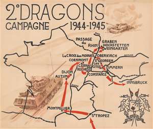 1945 WWII Route Map of Europe French 2nd Dragoon Regiment