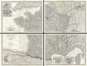 1860 Dufour Wall Map of France (Set of 4 maps)