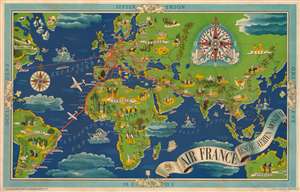 1937 Boucher Pictorial Air France Route Map of the World