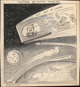 1963 White Manuscript Political Cartoon of the Space Race and the High Cost of Living