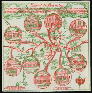 1952 Pictorial Tourist Map of Route 66 in Arizona, Printed on a Napkin