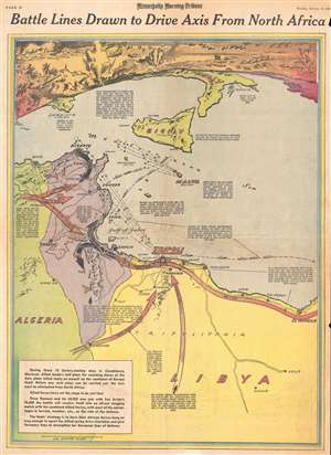 1943 Minneapolis Morning Tribune Map of Allied Offensive in North Africa