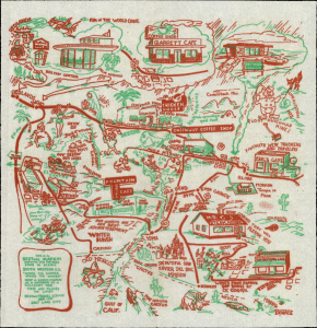 1948 Pictorial Tourist Map of Southern California and Arizona, Printed on a Napkin
