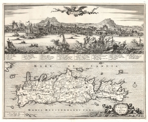 1670 Visscher Map and Panorama of Crete and Heraklion