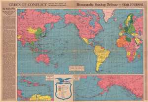 1942 Minneapols Tribune Map of the World at War During World War II