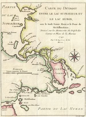 1744 Bellin Map of the Straits between Lake Huron, Lake Michigan, and Lake Superior (Great Lakes)