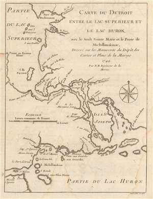 1744 Bellin Map of the Straits of  Great Lakes Huron, Michigan, and Superior