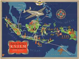 1935 Jan Wijga Pictorial Map of the East Indies KNILM Airlines Routes