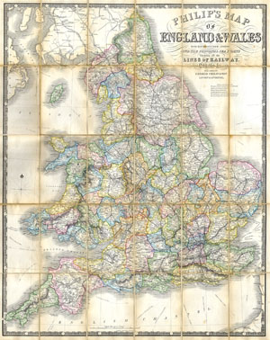 1860 Philips Folding or Pocket Map of England and Wales