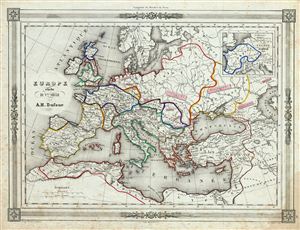 1852 Dufour Map of Europe at the end of the 5th Century