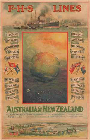 1906 De Lacy Broadside Map of the World Promoting Travel to Australia