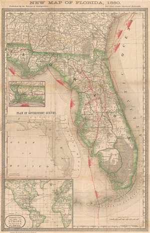 1881 Bureau of Immigration Map of Florida w/transport lines