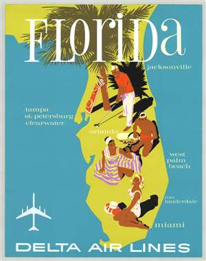 1960 John Hardy Delta Airlines Silkscreen Poster / Map of Florida
