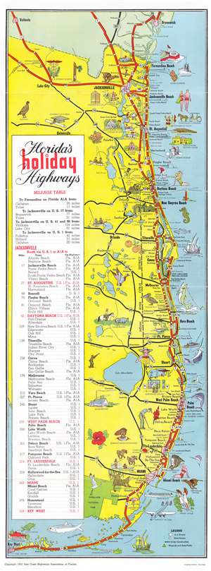 1951 East Coast Highways Association of Florida Pictorial Highway Map of Florida