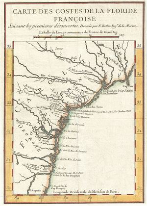 1744 Bellin Map of Carolina, Georgia, and Northern Florida (Floride Francoise)