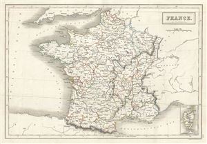 1844 Black Map of France in Provinces