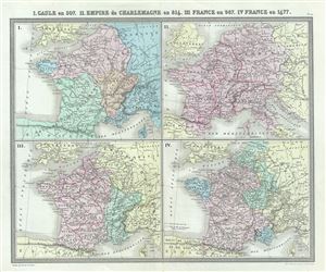 1874 Tardieu Map of Gaul or France in 507, 816, 987 and 1677