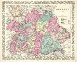 1855 Colton Map of Bavaria, Wurtemberg and Baden, Germany