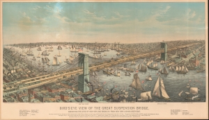1883 Franklin Square Chromolithograph Bird's-Eye View of the Brooklyn Bridge, New York City