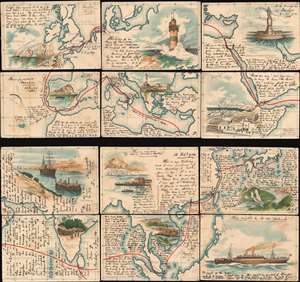 1903 Postcard Map of Sea Voyage from Hamburg, Germany to Yokohama, Japan