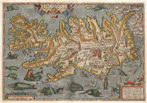 1587 / 1602 Abraham Ortelius Map of Iceland Surrounded with Monsters