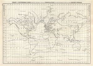 1844 Black Map or Chart of the Isothermal Lines showing the World's Temperatures