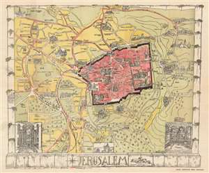 1935 Gauer Pictorial Map of Jerusalem, Israel