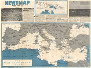 1943 Army Orientation Course Newsmap of the Mediterranean Sea and North Africa