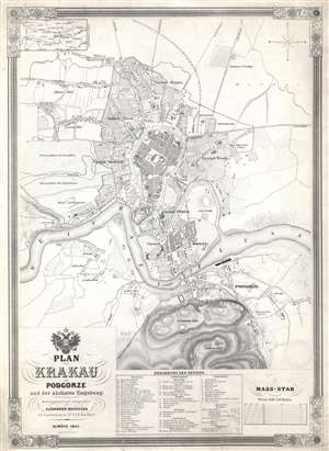 1847 Kocziczka City Map or Plan of Krakow, Poland