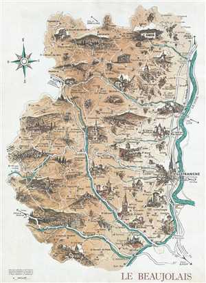 1955 Grisot Pictorial Map of the Beaujolais Wine Region, France