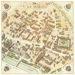 1985 Gatier Pictorial Map of Le Marais, Paris, France