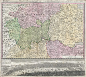 1741 Homann View and Map of London, England and Environs