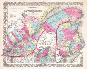 1854 Colton Map of Quebec, Montreal and New Brunswick, Canada