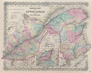 1856 Colton Map of Quebec, Montreal and New Brunswick, Canada