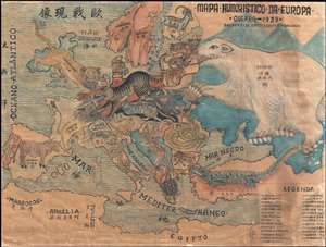1939 Portuguese and Chinese Manuscript Satirical Map of Europe in 1939 (WWII)