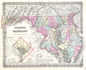1855 Colton Map of Delaware, Maryland, and Washington D.C.