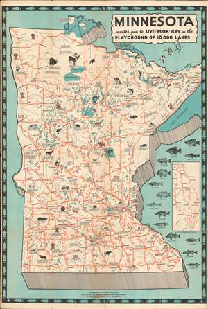 1935 Minnesota Tourist Bureau Pictorial Tourist Map of Minnesota