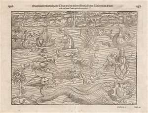 1614 Munster Map of Sea Monsters and Fantastical Beasts