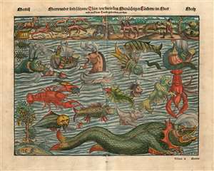 1545 Munster Map of Sea Monsters and Fantastical Beasts