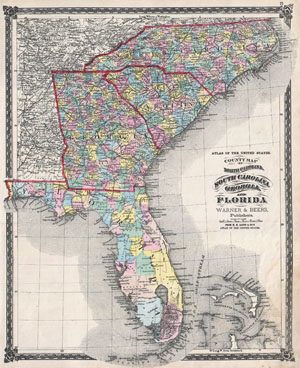 1874 Beers Map of Florida, Georgia, North Carolina and South Carolina